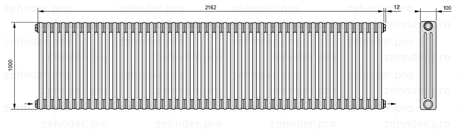 Схема (чертеж) Радиатор Zehnder Charleston 3100/47 №2670 Белый глянцевый RAL 9016